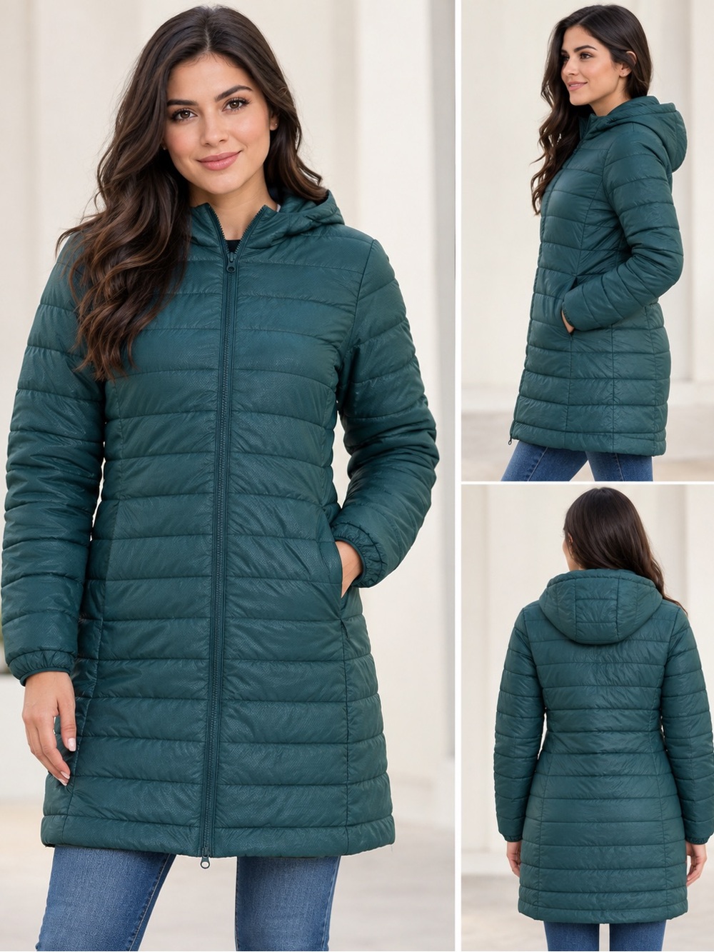 Long Quilted Hooded Puffer Coat - Forest Green